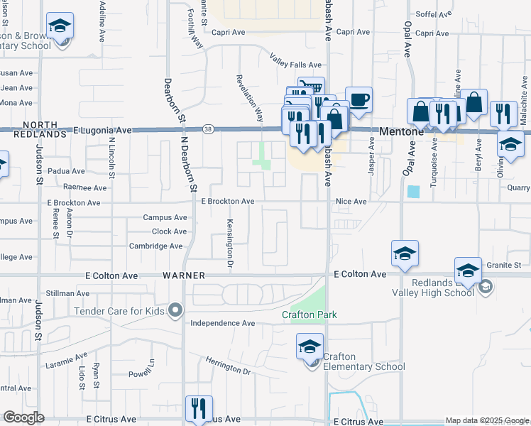 map of restaurants, bars, coffee shops, grocery stores, and more near 1721 East Colton Avenue in Redlands