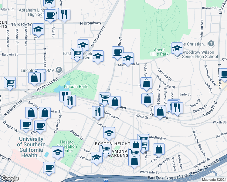 map of restaurants, bars, coffee shops, grocery stores, and more near Abner Street in Los Angeles