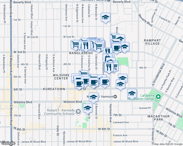 map of restaurants, bars, coffee shops, grocery stores, and more near 433 South Berendo Street in Los Angeles