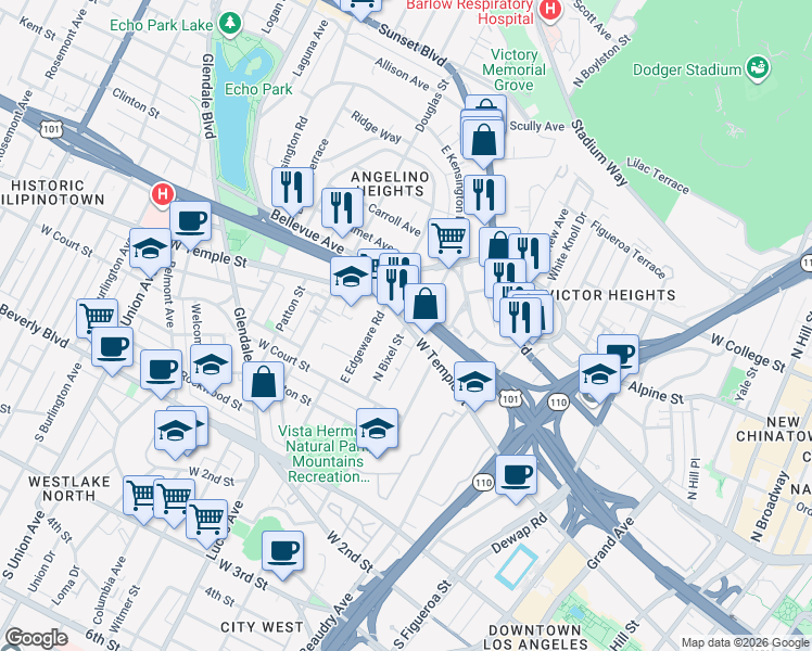 map of restaurants, bars, coffee shops, grocery stores, and more near W Temple St & N Bixel St in Los Angeles