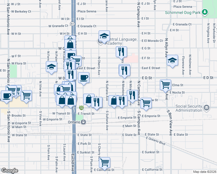 map of restaurants, bars, coffee shops, grocery stores, and more near 500 Lynn Haven Street in Ontario