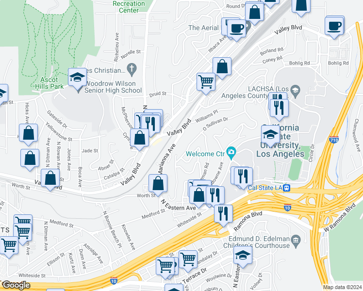map of restaurants, bars, coffee shops, grocery stores, and more near 1954 Seigneur Avenue in Los Angeles