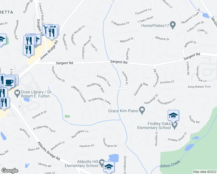 map of restaurants, bars, coffee shops, grocery stores, and more near 5635 Ashwind Trce in Alpharetta