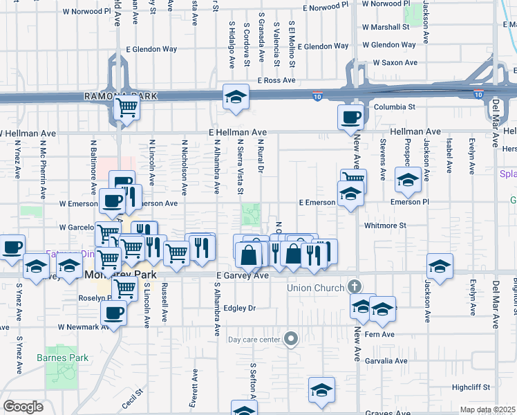 map of restaurants, bars, coffee shops, grocery stores, and more near 311 North Rural Drive in Monterey Park