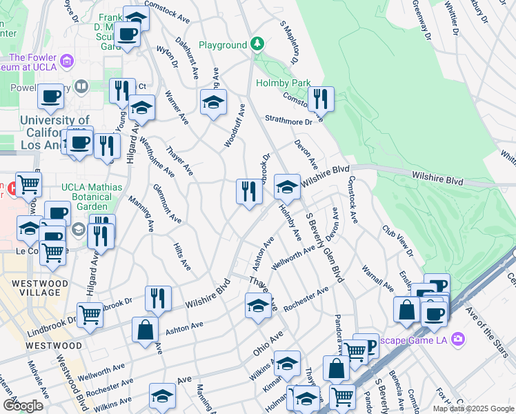 map of restaurants, bars, coffee shops, grocery stores, and more near 10445 Wilshire Boulevard in Los Angeles