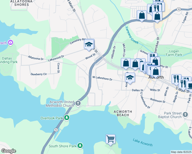 map of restaurants, bars, coffee shops, grocery stores, and more near 4649 West Lakeshore Drive in Acworth