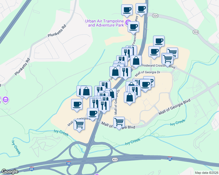 map of restaurants, bars, coffee shops, grocery stores, and more near 3250 Buford Drive Northeast in Buford