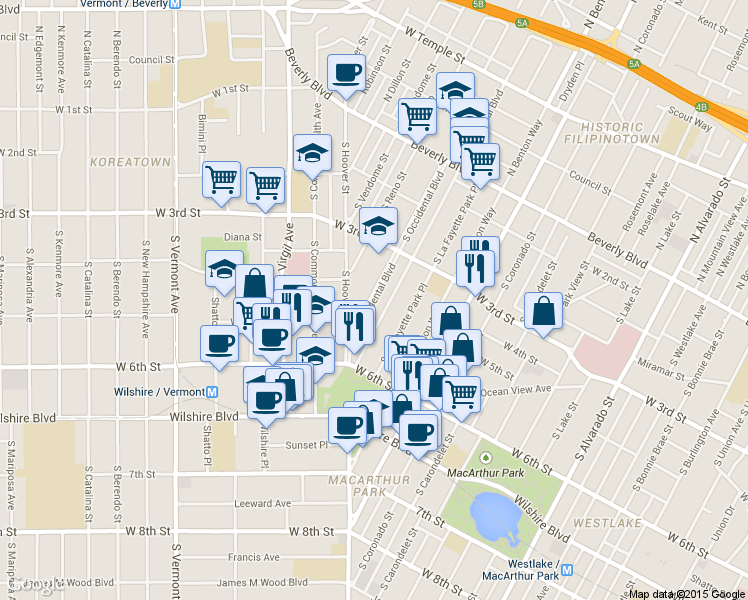 map of restaurants, bars, coffee shops, grocery stores, and more near 336 South Occidental Boulevard in Los Angeles
