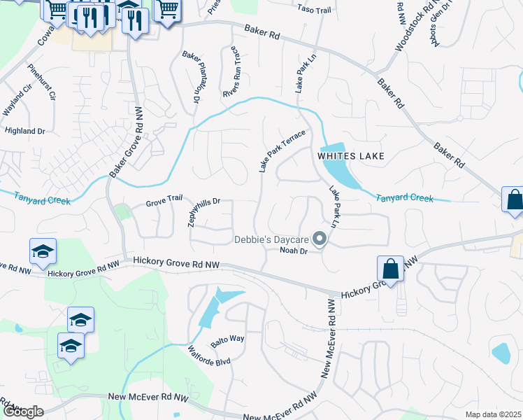 map of restaurants, bars, coffee shops, grocery stores, and more near 3106 Bridgewalk Trail in Acworth