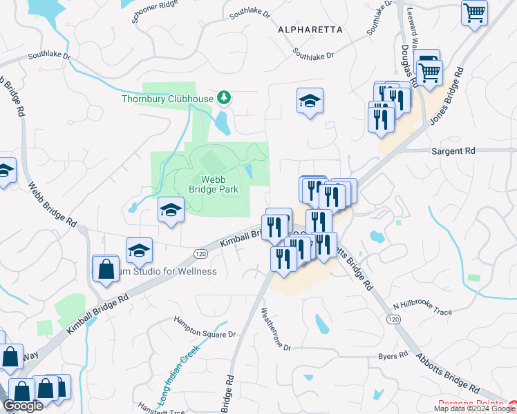 map of restaurants, bars, coffee shops, grocery stores, and more near 5050 Kimball Bridge Road in Alpharetta