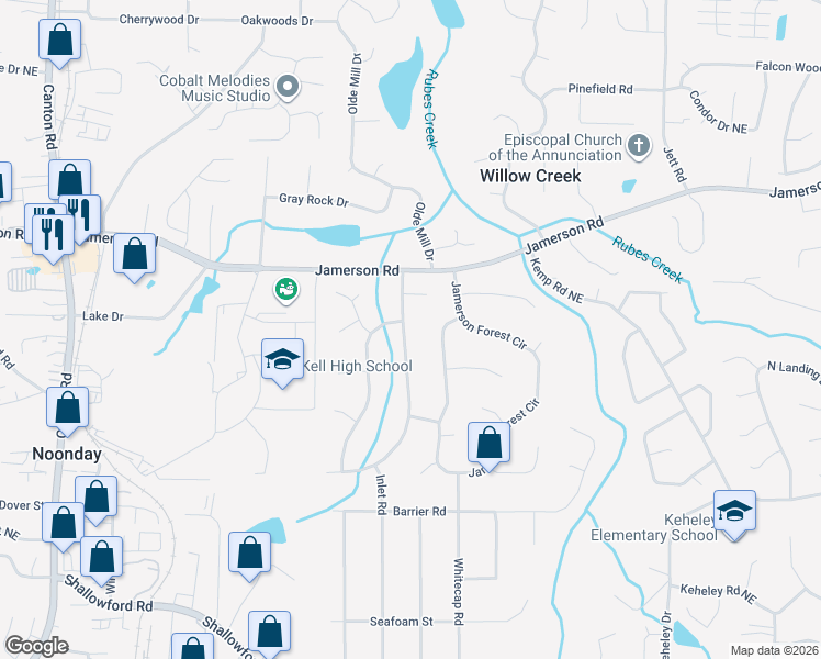 map of restaurants, bars, coffee shops, grocery stores, and more near 4740 Jamerson Forest Parkway in Marietta