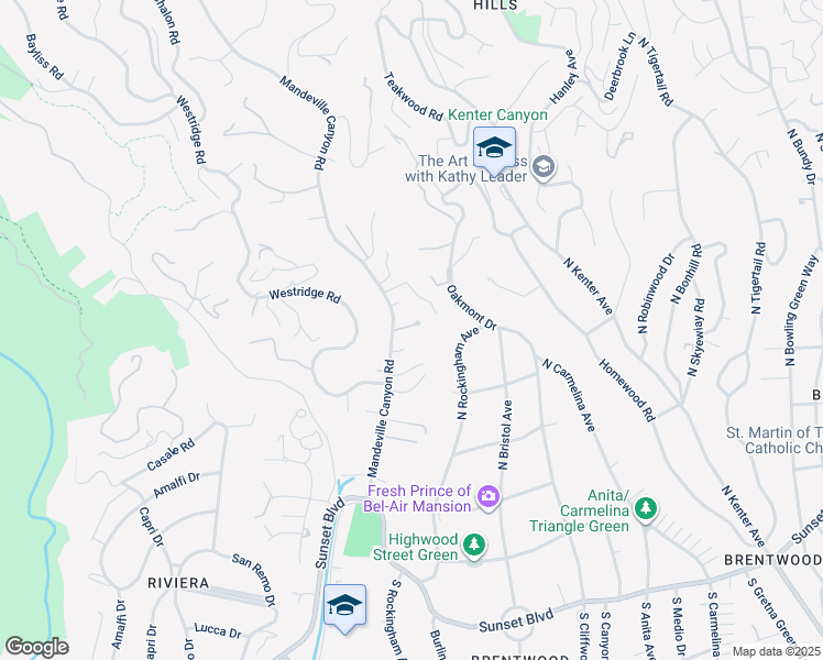 map of restaurants, bars, coffee shops, grocery stores, and more near 1754 Mandeville Canyon Road in Los Angeles