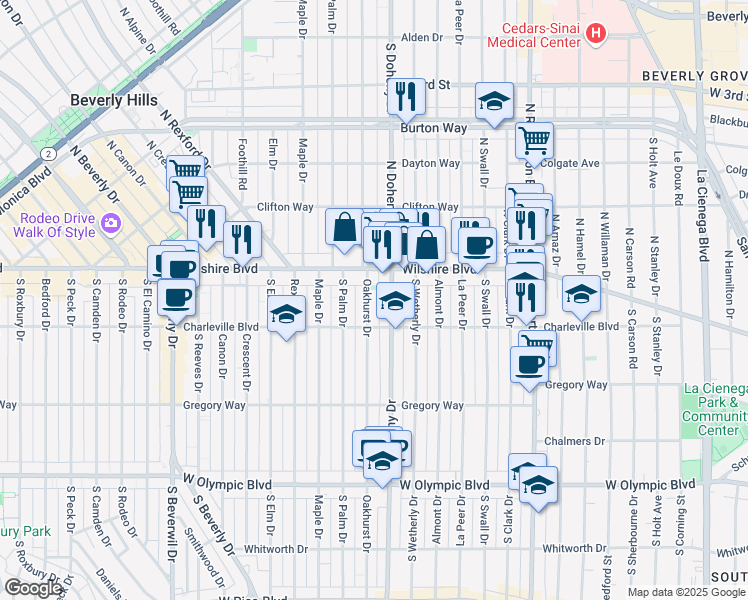 map of restaurants, bars, coffee shops, grocery stores, and more near 132 South Oakhurst Drive in Beverly Hills