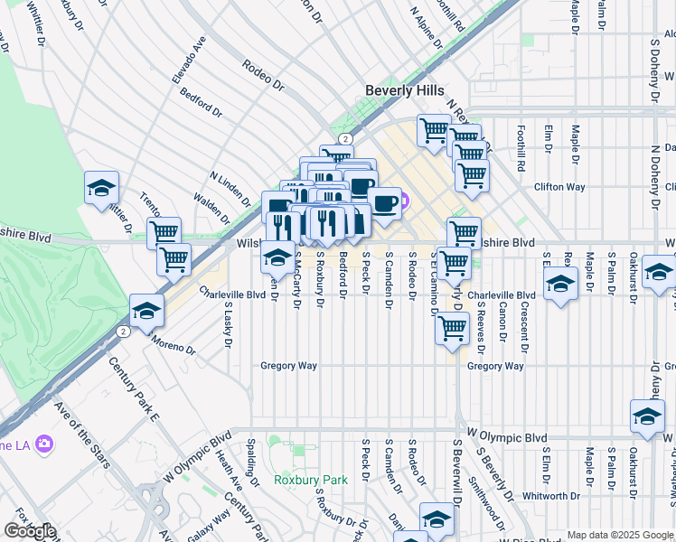 map of restaurants, bars, coffee shops, grocery stores, and more near 133 South Bedford Drive in Beverly Hills
