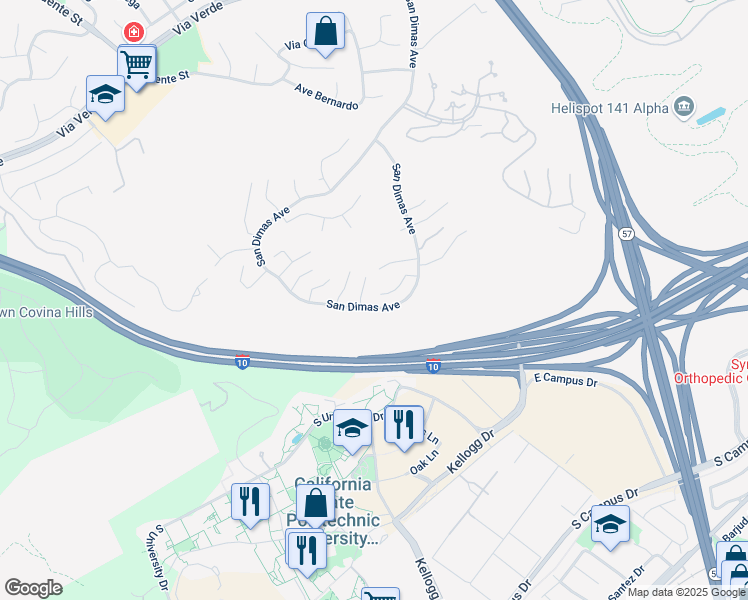 map of restaurants, bars, coffee shops, grocery stores, and more near 104 Calle Renata in San Dimas