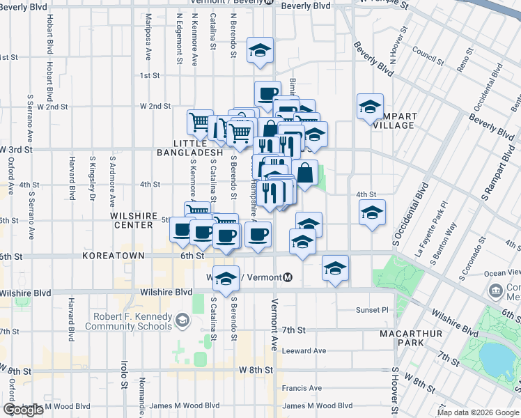 map of restaurants, bars, coffee shops, grocery stores, and more near 433 South New Hampshire Avenue in Los Angeles