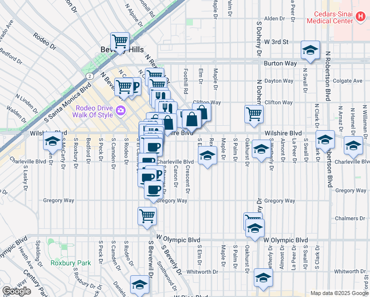 map of restaurants, bars, coffee shops, grocery stores, and more near 133 Crescent Drive in Beverly Hills