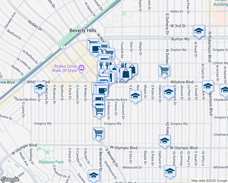 map of restaurants, bars, coffee shops, grocery stores, and more near 135 Canon Drive in Beverly Hills