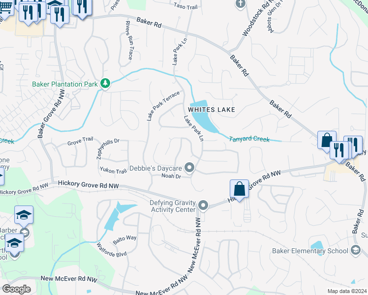 map of restaurants, bars, coffee shops, grocery stores, and more near 4522 Lake Park Drive in Acworth