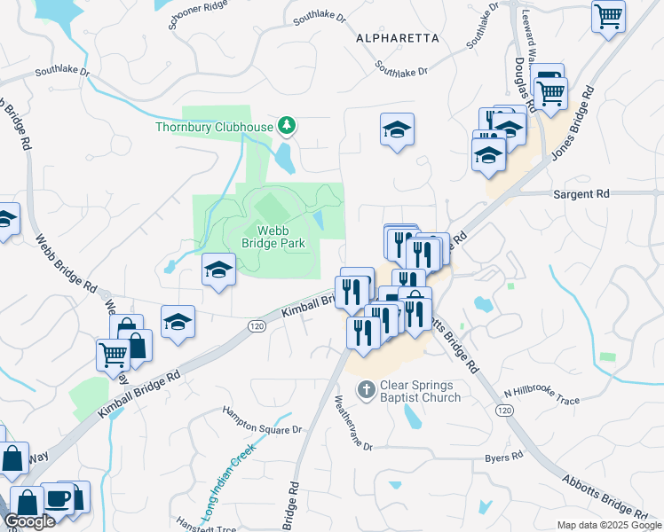 map of restaurants, bars, coffee shops, grocery stores, and more near 5050 Kimball Bridge Road in Johns Creek