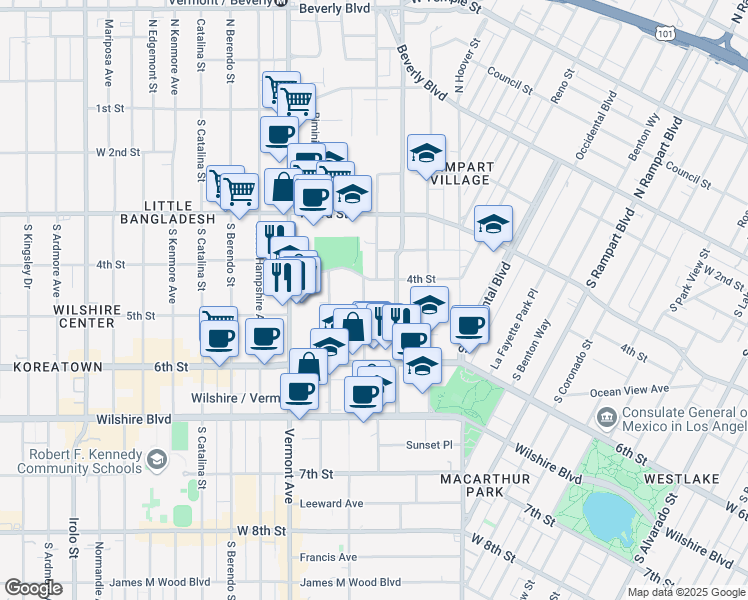 map of restaurants, bars, coffee shops, grocery stores, and more near 424 Westmoreland Avenue in Los Angeles
