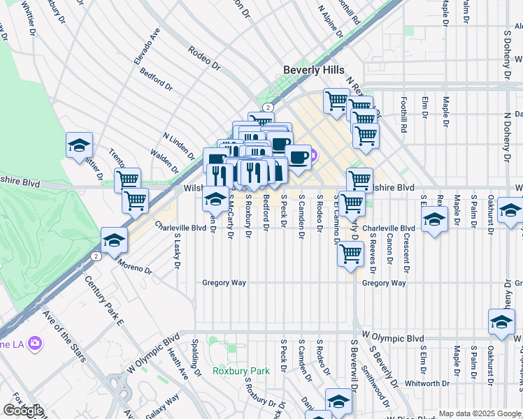 map of restaurants, bars, coffee shops, grocery stores, and more near 133 South Bedford Drive in Beverly Hills