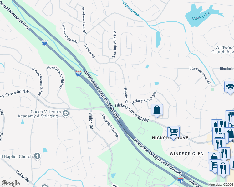 map of restaurants, bars, coffee shops, grocery stores, and more near 4757 Limestone Way in Acworth