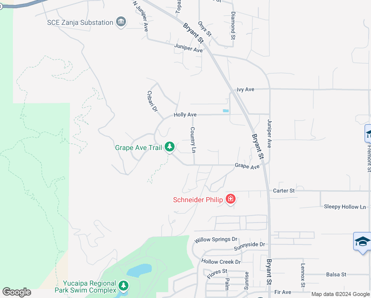 map of restaurants, bars, coffee shops, grocery stores, and more near 10330 Country Lane in Yucaipa