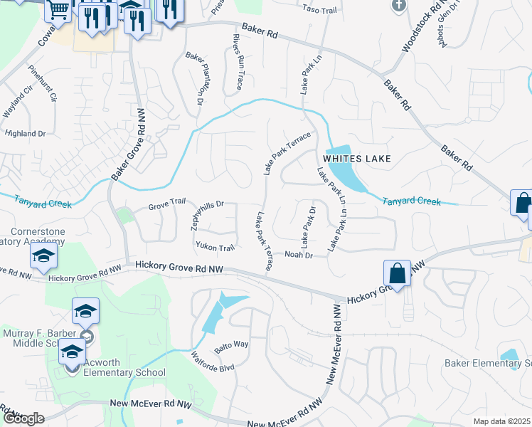 map of restaurants, bars, coffee shops, grocery stores, and more near 4810 Lake Park Terrace in Acworth