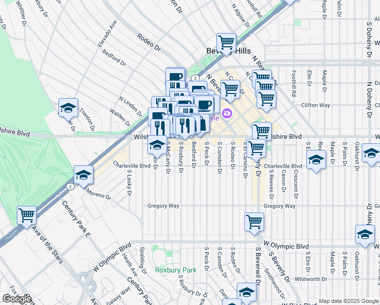map of restaurants, bars, coffee shops, grocery stores, and more near in Beverly Hills