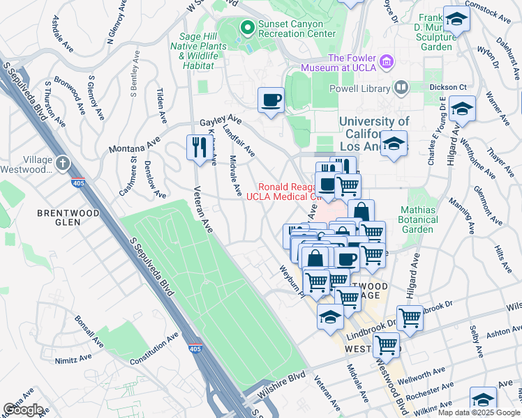 map of restaurants, bars, coffee shops, grocery stores, and more near 685 1/2 Levering Avenue in Los Angeles