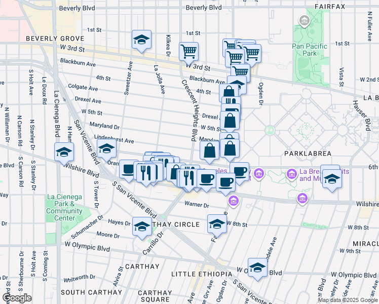 map of restaurants, bars, coffee shops, grocery stores, and more near 6300 Lindenhurst Avenue in Los Angeles