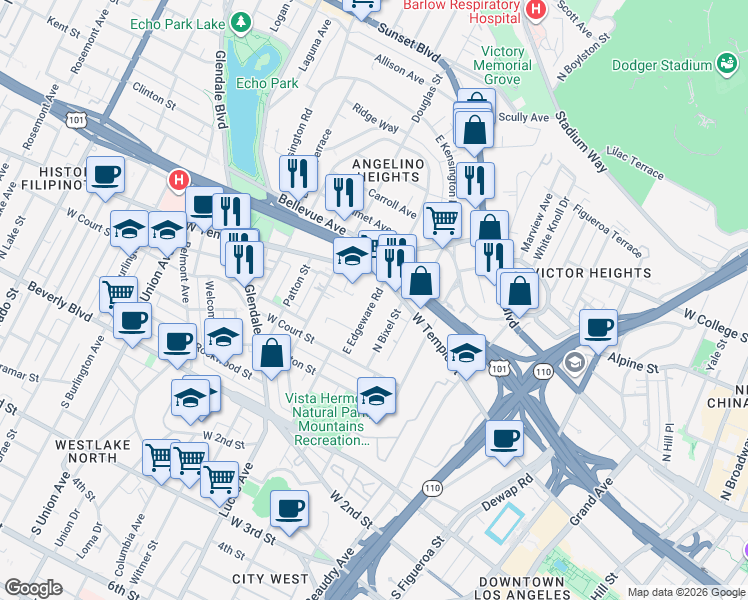 map of restaurants, bars, coffee shops, grocery stores, and more near 1306 West Temple Street in Los Angeles