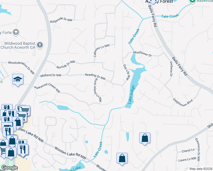 map of restaurants, bars, coffee shops, grocery stores, and more near 1128 Burlington Court in Acworth