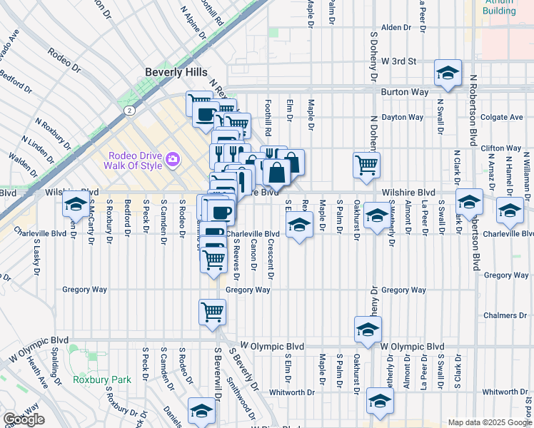 map of restaurants, bars, coffee shops, grocery stores, and more near 133 Crescent Drive in Beverly Hills