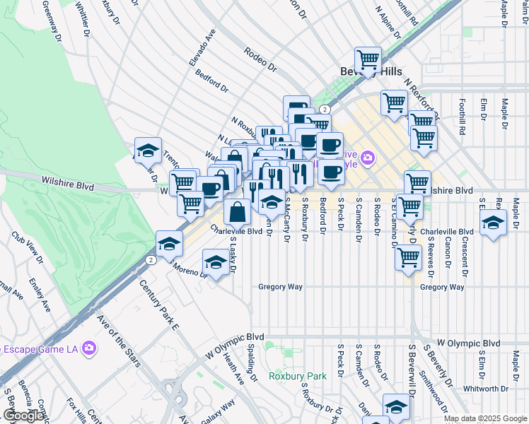map of restaurants, bars, coffee shops, grocery stores, and more near 133 South Linden Drive in Beverly Hills