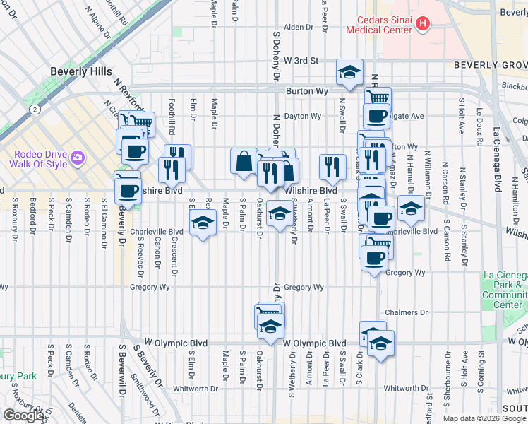 map of restaurants, bars, coffee shops, grocery stores, and more near 132 South Oakhurst Drive in Beverly Hills