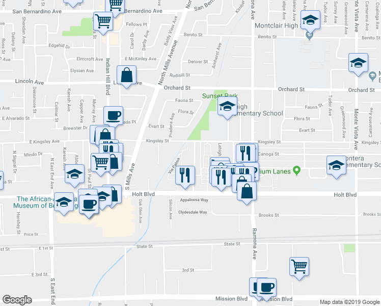 map of restaurants, bars, coffee shops, grocery stores, and more near 10350 Amherst Avenue in Montclair