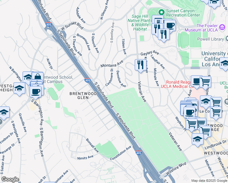 map of restaurants, bars, coffee shops, grocery stores, and more near 530 South Bentley Avenue in Los Angeles