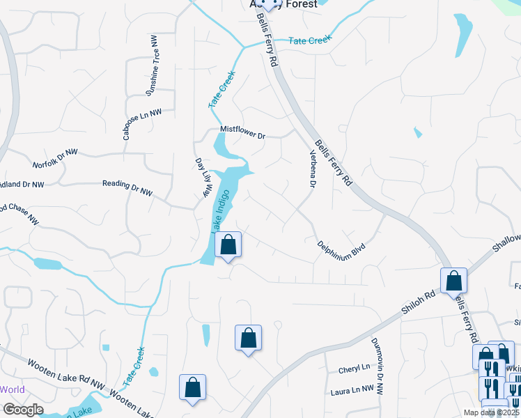 map of restaurants, bars, coffee shops, grocery stores, and more near 1124 Monarda Way Northwest in Acworth