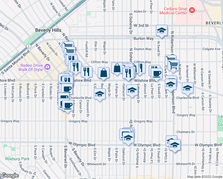map of restaurants, bars, coffee shops, grocery stores, and more near 121 South Palm Drive in Beverly Hills