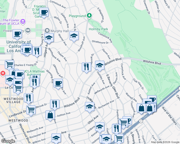 map of restaurants, bars, coffee shops, grocery stores, and more near 10445 Wilshire Boulevard in Los Angeles