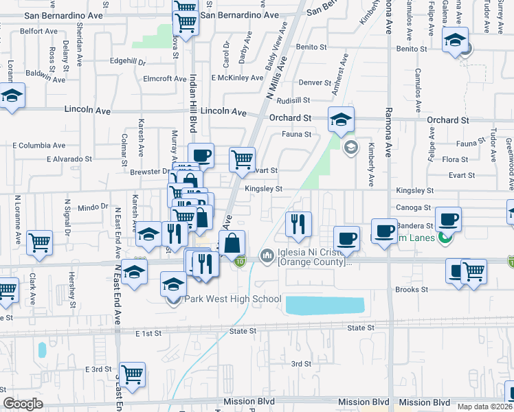 map of restaurants, bars, coffee shops, grocery stores, and more near 10350 Pradera Avenue in Montclair