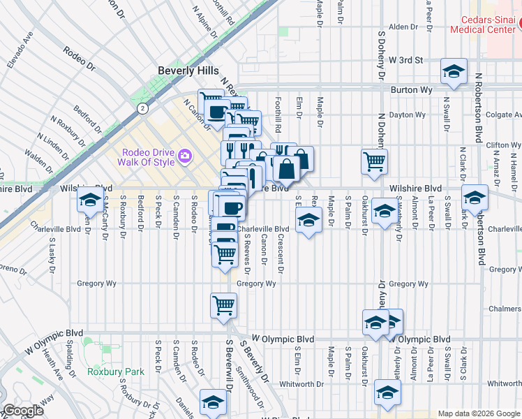 map of restaurants, bars, coffee shops, grocery stores, and more near in Beverly Hills