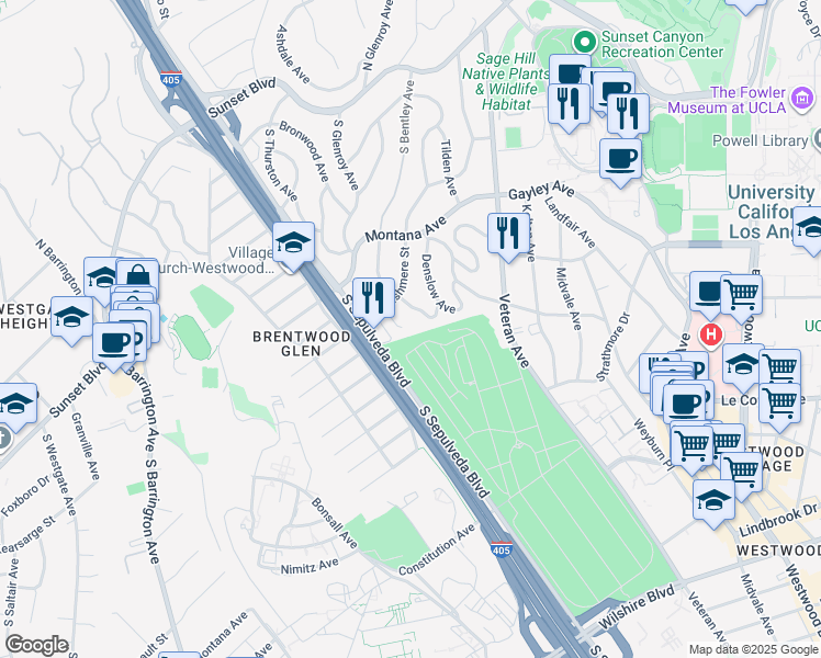 map of restaurants, bars, coffee shops, grocery stores, and more near 530 South Bentley Avenue in Los Angeles
