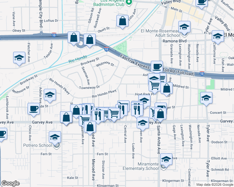 map of restaurants, bars, coffee shops, grocery stores, and more near 10123 Rio Hondo Parkway in El Monte