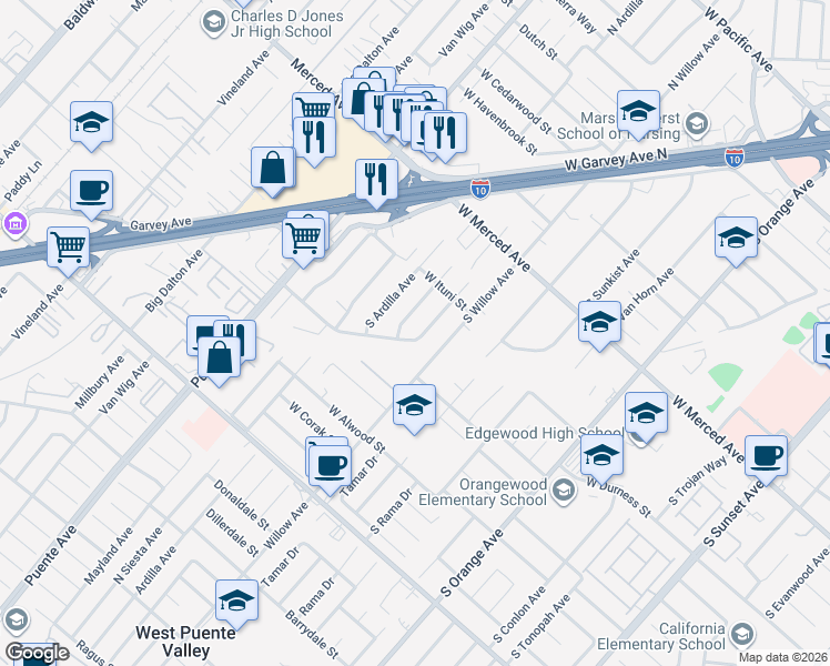 map of restaurants, bars, coffee shops, grocery stores, and more near 1417 South Bromley Avenue in West Covina