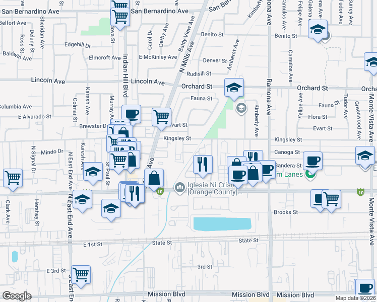 map of restaurants, bars, coffee shops, grocery stores, and more near 4193 Kingsley Street in Montclair