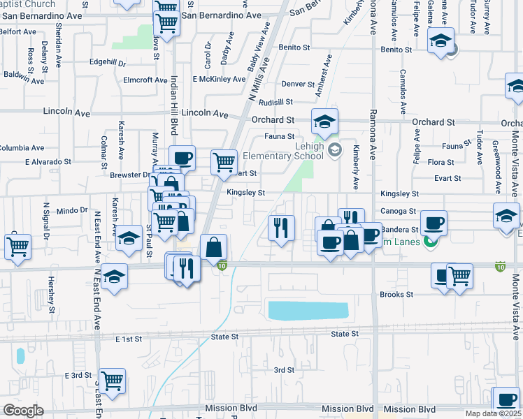 map of restaurants, bars, coffee shops, grocery stores, and more near 4193 Kingsley Street in Montclair