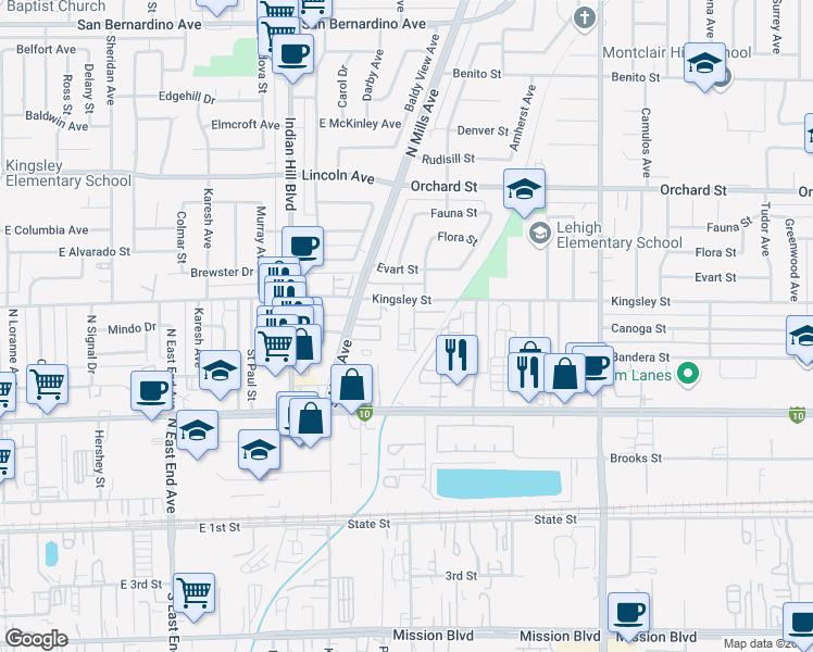 map of restaurants, bars, coffee shops, grocery stores, and more near 4193 Kingsley Street in Montclair